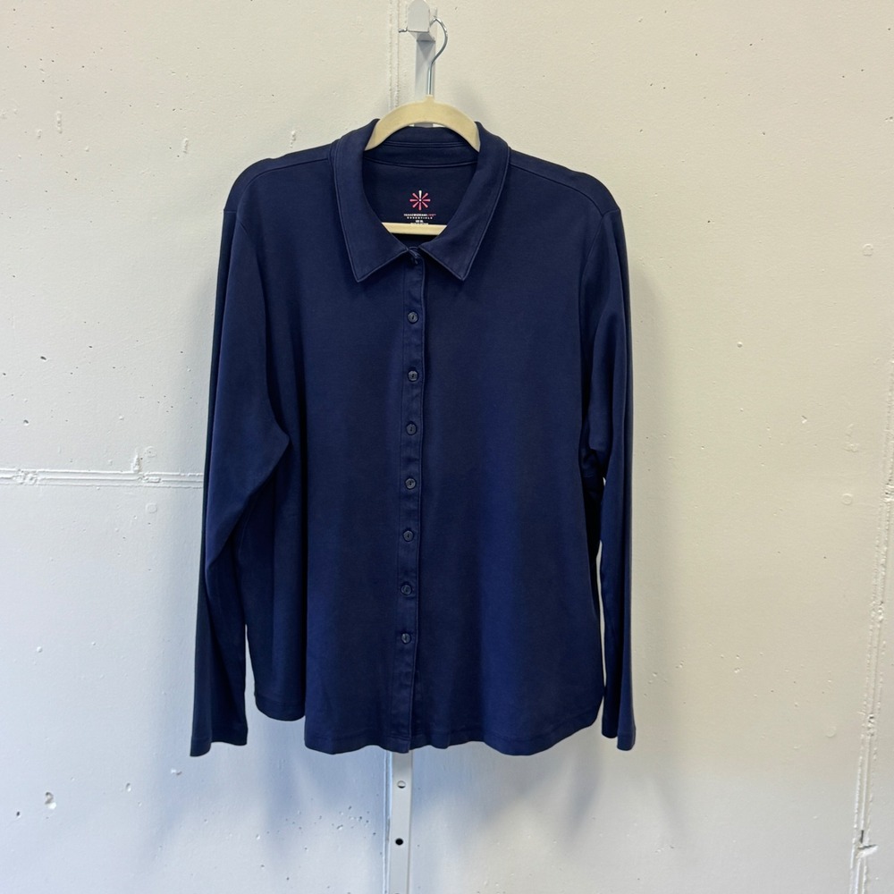 Isaac Mizrahi Live Essentials Navy Blue Pima Cotton Button Front Shirt XL Womens